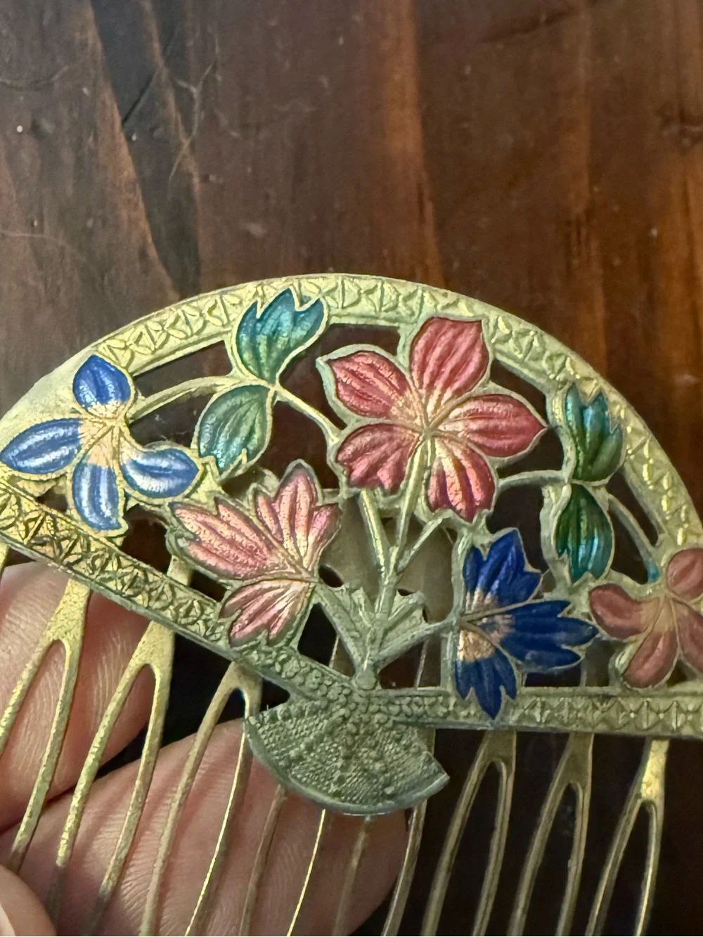 Beautiful Vintage cloisonne hair comb frame and colorful enamel inlay.